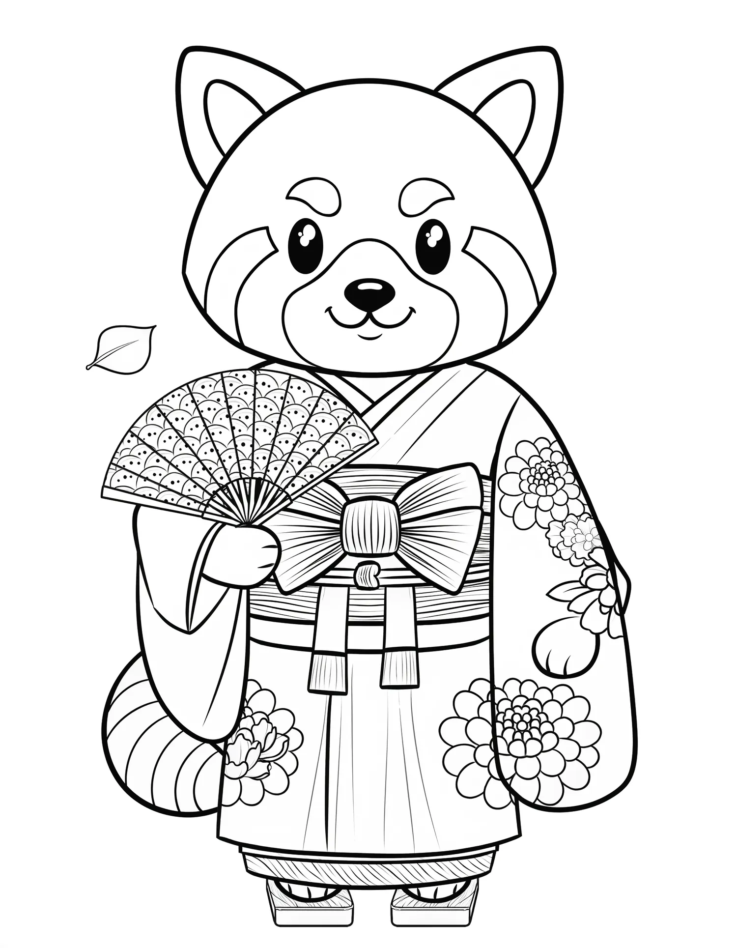 Panda Roux Kawaii en Kimono Fleuri - Coloriage kawaii à imprimer gratuitement